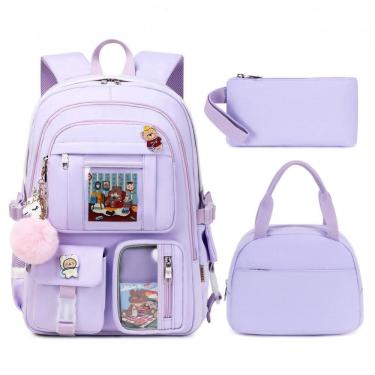 Imagem de Mochila LXYGD 3 em 1 roxa para notebook até 16", com lancheira e estojo, impermeável