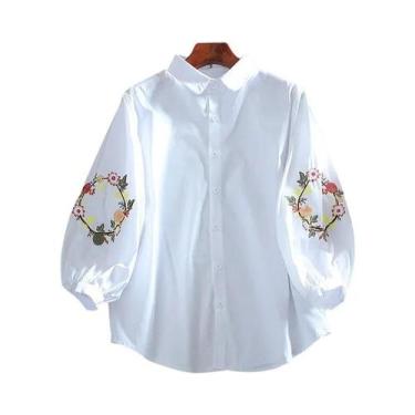 Imagem de Camisa Feminina Bordada De Verão Com Manga 3/4, Gola Lapela Casual E E