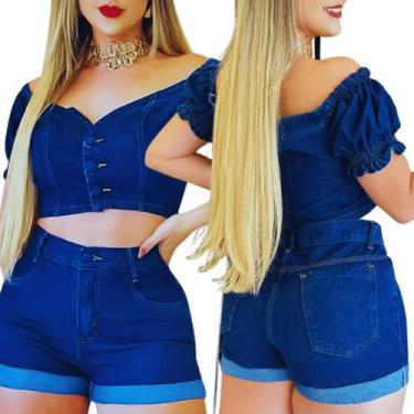 Imagem de Conjunto Jeans Feminino Short Barra Dobrada Cintura Alta 2 Peças Stand