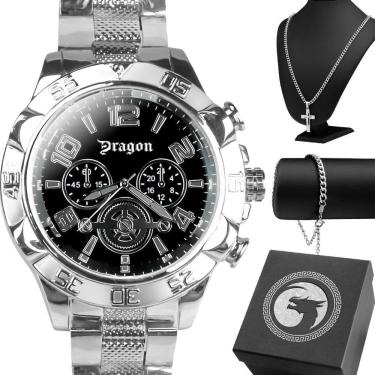 Imagem de Kit Relógio Masculino Analógico Orizom Spaceman Dragon em Aço Inox Prata com Cordão Cru...