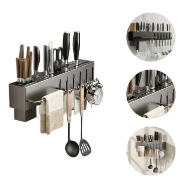 Imagem de Suporte Organizador de Utensílios de Cozinha Suporte Cinza Organizador 06 Ganchos em Aço Inox com Barra Lateral