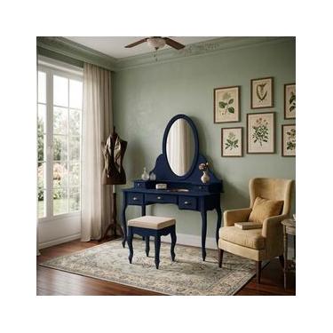 Imagem de Penteadeira Louvre Com Banqueta Pés Luis XV 177 x 136 x 45 cm (A x L x P) - Cor Azul Pe...