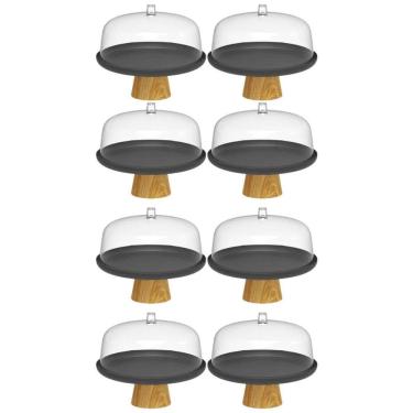 Imagem de Kit 8 Boleiras Prato para Bolo 25cm Cúpula Plástico Pé Bambu Tortas Padaria Ou Lume Preto