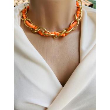 Imagem de Colares choker com elo grandes e miçangas folheado a ouro - Dondocas.B