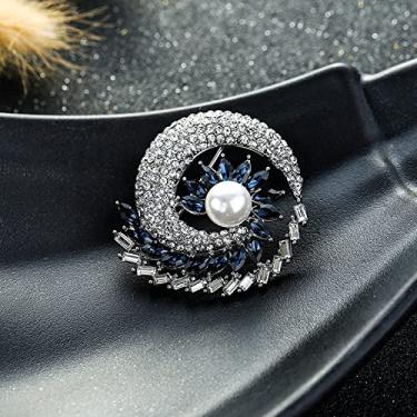 Imagem de jinyi2016SHOP Broche feminino moderno elegante azul escuro/branco cristal flor broche para mulheres acessório de fantasia acessório (cor do metal: prata)