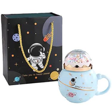 Imagem de Caneca de astronauta de estilo minimalista com tampa de colher xícara de café de cerâmica de estrela caneca de leite de desenho animado xícara de chá presente escritório casa (espaço azul claro com caixa, 400 ml)