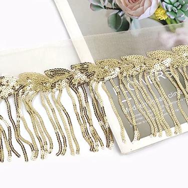 Imagem de 2/4 jardas 10 cm paillette lantejoulas borla renda franja guarnição tecido de malha DIY desempenho saia vestido de noiva decoração material de costura, ouro claro, 4 jardas