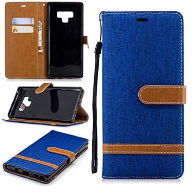 Imagem de Capa de telefone capa de couro de textura jeans combinando de cores para Galaxy Note 9, com suporte e slots de cartão e carteira e cordão (preto) mangas de bolsas (cor: azul royal)