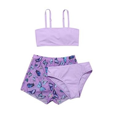 Imagem de Traje de banho Guard infantil menina bebê menina 3 peças maiô roxo buttrerflies meninas natação (roxo, 10-12 anos)