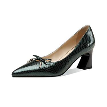 Imagem de TinaCus Sapato feminino feito à mão em couro genuíno bonito gravata borboleta salto médio carretel bico fino elegante, Verde, 7.5