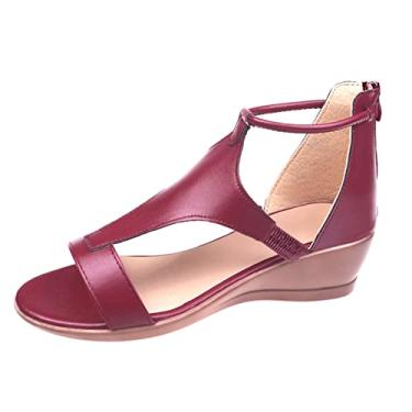 Imagem de Sandálias femininas de plataforma com zíper verão aberto sandálias de cor sólida plataforma sapatos femininos casuais bico anabela sandálias femininas (vinho, 8)