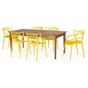 Imagem de Conjunto Mesa de Jantar Retangular em Madeira Maciça 186cm com 6 Cadeiras Allegra - Amarelo