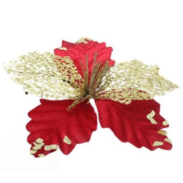 Imagem de Kit 8 Flor De Natal Vermelha Artificial Com Brilho 19cm