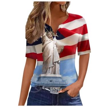 Imagem de Howstar Camisetas femininas gola Henley com botões, manga curta, casual, elegante, túnicas 2024 plus size para o Dia da Independência, A6-bege, M