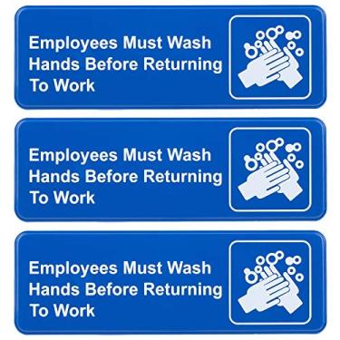 Imagem de Excello Global Products Employees Must Wash Hands Before Return to Work Sign: Placa informativa de segurança de plástico fácil de montar com símbolos Ótimo para negócios, 23 x 7,6 cm, pacote com 3