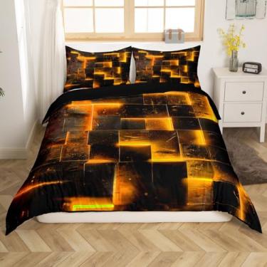 Imagem de Jogo de cama laranja preto 3D búfalo brilhante capa de edredom casal arte abstrata moderna conjuntos de cama casal geométrico xadrez, capa de cama com cubos futuristas gradiente (preto reversível)