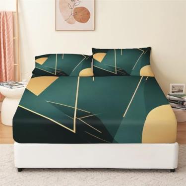 Imagem de Jogo de cama Queen Size - Linhas geométricas verdes luxuosas 4 peças lençóis para cama de solteiro, lençóis de bolso profundo com elástico e respirável, lençol de cama e fronha, sem vincos