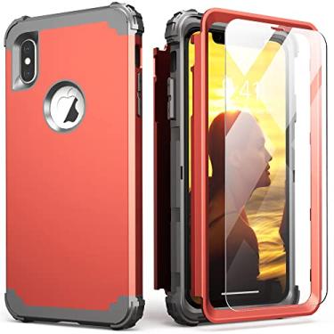 Imagem de IDweel Capa para iPhone Xs Max com protetor de tela (vidro temperado), 3 em 1, absorção de choque, proteção resistente, capa de policarbonato rígido, amortecedor de silicone macio, capa durável, laranja/cinza escuro
