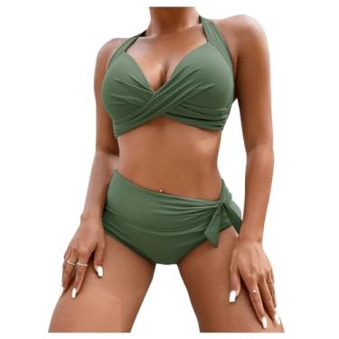 Imagem de BEAUDRM Conjunto de biquíni feminino de 2 peças, com nó torcido, franzido, frente única, triangular, conjunto de biquíni de cintura alta, Verde militar, G