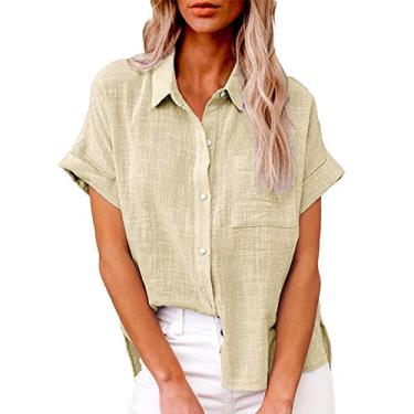 Imagem de Camiseta de linho feminina de cor sólida, manga curta, gola V, abotoada, caimento solto, confortável, Caqui, M