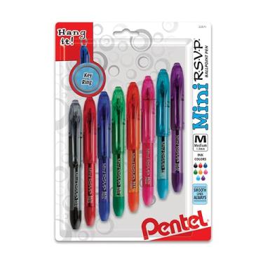 Imagem de Pentel RSVP Mini caneta esferográfica, (1,0 mm), linha média, tinta sortida (A/B/C/D/F/P/S/V) com chaveiro, pacote com 8 (BK91MNBP8M)