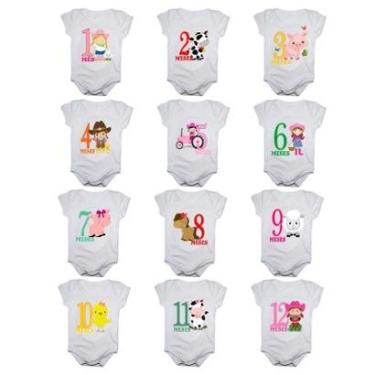 Imagem de Kit 12 Body Bebê Calupa Mesversario Manga Curta Fazendinha 1 A 12 Meses Feminino-Feminino