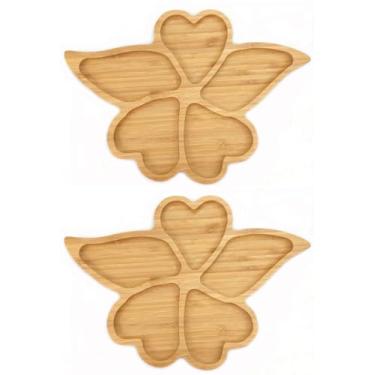 Imagem de JB Home Collection 4917, Travessa romântica em forma de coração, design de folhas, para casamento, bambu, frutas, lanche, prato de aperitivo, formato de coração de borboleta, 32 x 21,8 cm, pacote com