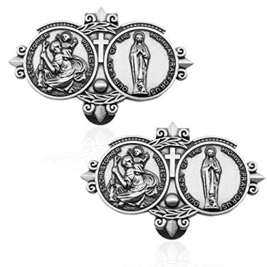 Imagem de TEMI Medalha de São Cristóvão, para clipes de viseira de carro para carros, clipes católicos prateados, acessórios para viseira solar automotiva Our Lady Bless, presente religioso para motorista,