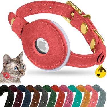 Imagem de OOPSDOGGY Coleira AirTag de couro refletivo para gatos com sino - Coleira ajustável para animais de estimação com suporte para Apple Air Tag - Coleiras leves com GPS para filhotes de cachorro pequenos