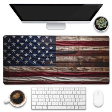 Imagem de Eflxamz Mouse pad grande para jogos, tapete de mesa de madeira com bandeira americana, almofada de mesa de madeira com bandeira dos EUA, teclado de computador grande com base antiderrapante e borda