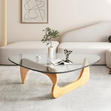 Imagem de Mesa de centro moderna de vidro de meados do século para sala de estar, mesa de centro oval retrô para sala, mesa rústica exclusiva triangular descolada com pernas de madeira