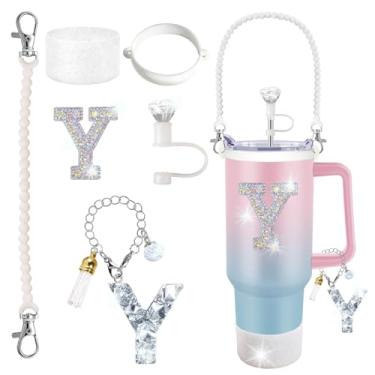 Imagem de Stanley Cup Accessories 850.5 g 1,134 g Glitter Silver, capa de canudo de diamante, pingente de letra, adesivo de letra, bota de silicone, suporte com alça incluído para copo Stanley
