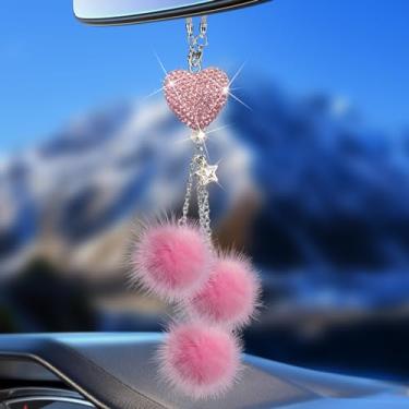 Imagem de Acessórios de carro rosa brilhantes interiores para mulheres - Decoração de espelho retrovisor de carro de cristal feminino, diamante de pedra de enxágue fofo para carro de mulher, decoração de