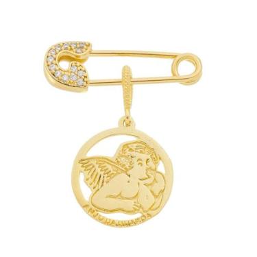 Imagem de Alfinete com Pingente Anjo da Guarda Banhado a Ouro - Jhulias Joias e 