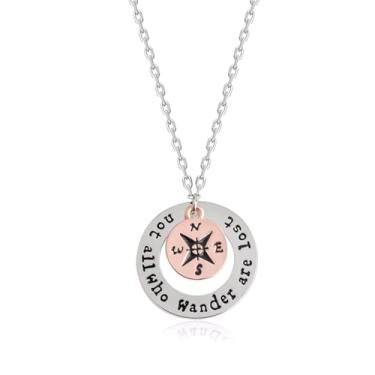 Imagem de BlingNuts Colar de viagem com bússola redonda dupla Not All Who Wander are Lost Bússola Presentes para viagens ao ar livre, F, Aço inoxidável, Sem Pedra Preciosa