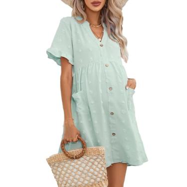 Imagem de KOJOOIN Vestido de maternidade com bolinhas suíças de verão com decote em V e manga curta com botões minivestido para chá de bebê sessão de fotos com bolsos, Verde-claro - A, P