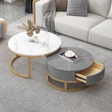Imagem de Conjunto de mesa de centro redonda de 2, conjunto de mesa lateral aninhada com armazenamento de gaveta, mesa de sofá com estrutura de metal de textura de mármore de ardósia Mesa de chá moder