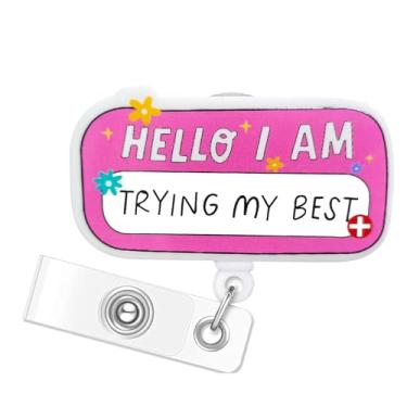 Imagem de Carretel de crachá I'm Trying My Best: suporte de crachá engraçado rosa retrátil com clipe de identificação para enfermeira etiqueta de nome de enfermagem escolar estudante de enfermagem professor