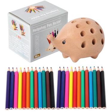 Imagem de Porta-lápis animal para mesa, porta-lápis animal fofo,Suporte para caneta ouriço de com furos e 24 lápis coloridos | Organizador de estátua de animal de com furos para papelaria
