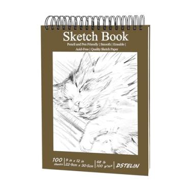 Imagem de DSTELIN Caderno artístico de 22 x 30 cm, encadernação espiral superior, papel de esboço de 100 g/m², capa dura marrom escuro, 100 folhas para desenho e pintura