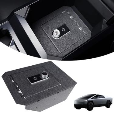 Imagem de Caixa de segurança para console central de impressão digital para Telsa Cybertruck 2024 2025, caixa de apoio de braço de aço carbono com trava de impressão digital superior e chaveiro, cofre de arma