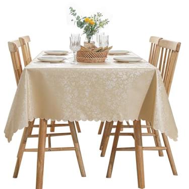 Imagem de Qubjus Toalha de mesa retangular de renda de vinil, tecido jacquard resistente, impermeável, à prova de derramamento, para toalha de mesa, 152 x 300 cm, champanhe