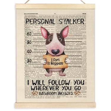 Imagem de BESERH Decoração de parede engraçada de cachorro bull terrier, moldura engraçada para pôster de banheiro, presentes bull terrier, decoração de arte de parede de cachorro vintage para banheiro