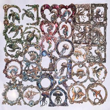 Imagem de 60 peças de adesivos de scrapbook oceano Steampunk - Adesivos autoadesivos rígidos vitorianos de cartolina com molduras náuticas, águas-vivas, cavalos-marinhos, peixes, elementos mecânicos