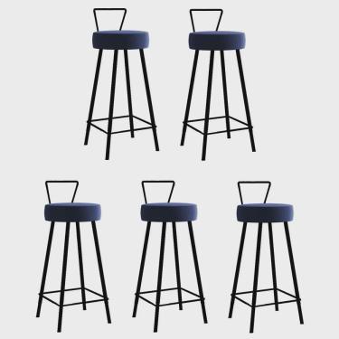 Imagem de Kit 05 Banqueta Alta Com Encosto Tais Eiffel Cozinha Bar Bistrô Ferro Preto Sintético Azul Marinho - Ahz Móveis