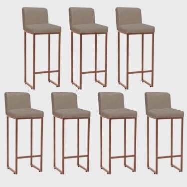 Imagem de Kit 07 Banqueta Alta Com Encosto Lucca -60cm chão até o assento Industrial Ferro Bronze Suede Bege - Ahz Móveis