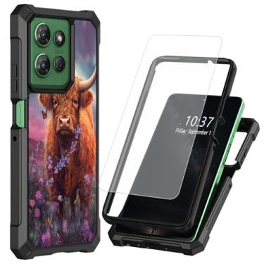 Imagem de Capa para Moto G Stylus 5G 2025 com protetor de tela de vidro temperado, proteção de camada dupla nos cantos com absorção de choque, capa para celular Motorola Moto G Stylus 5G 2025-Cute Highland Cow