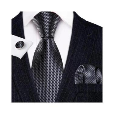 Imagem de Conjunto de Gravata e Abutões Masculinos - Seda Jacquard Preto, Branco