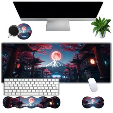 Imagem de Conjunto grande de mouse pad para jogos com suporte de pulso – 80 cm x 30 cm 4 em 1 2GG mousepad com apoio de pulso para teclado, descanso de pulso e porta-copos – tapete de mesa ergonômico para