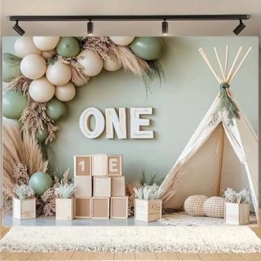 Imagem de XUNJIN NO.1 Pano de fundo para fotografia de barraca de balão de grama dos pampas boêmio para quebra de bolo de 1º aniversário, decoração de festa de fim de ano, pano de fundo de vinil estilo boêmio